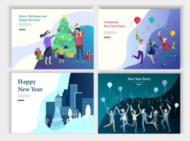 Sayfa şablonu veya tebrik kartı açılış kümesi. Arkadaş neşeli Noel ve mutlu yeni yıl kutluyor. Kardan adam karakter Aile hediyesi, satın almalarla, satın yapar.