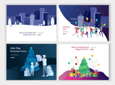 Sayfa şablonu veya tebrik kartı açılış kümesi. Arkadaş neşeli Noel ve mutlu yeni yıl kutluyor. Kardan adam karakter Aile hediyesi, satın almalarla, satın yapar.