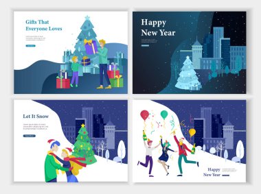 Sayfa şablonu veya tebrik kartı açılış kümesi. Arkadaş neşeli Noel ve mutlu yeni yıl kutluyor. Kardan adam karakter Aile hediyesi, satın almalarla, satın yapar.