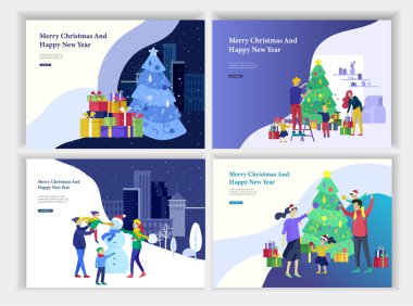 Sayfa şablonu veya tebrik kartı açılış kümesi. Arkadaş neşeli Noel ve mutlu yeni yıl kutluyor. Kardan adam karakter Aile hediyesi, satın almalarla, satın yapar.
