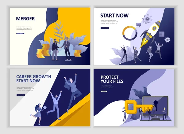Set Landing page template people business app, file protection merger, focus group research and career growth cooming soon start up and solution. Vector illustration concept website mobile