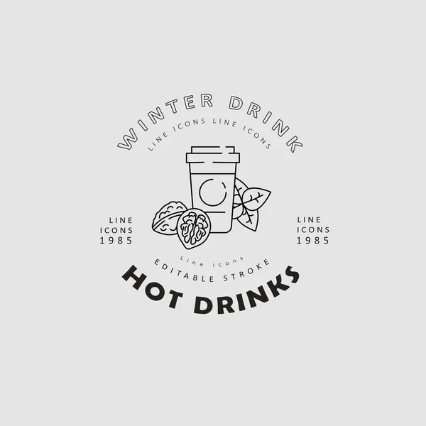 Icono del vector y el logotipo bebidas calientes para el clima frío, feliz Navidad — Vector de stock