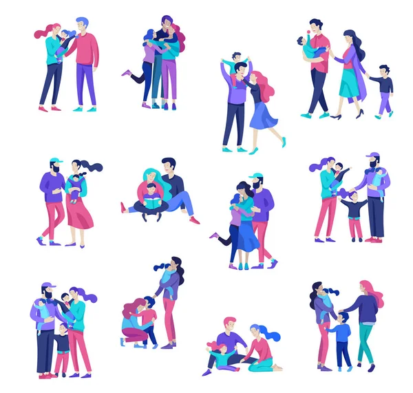 La familia pasa tiempo juntos, padres felices con hijos. Personaje de personas vectoriales — Vector de stock