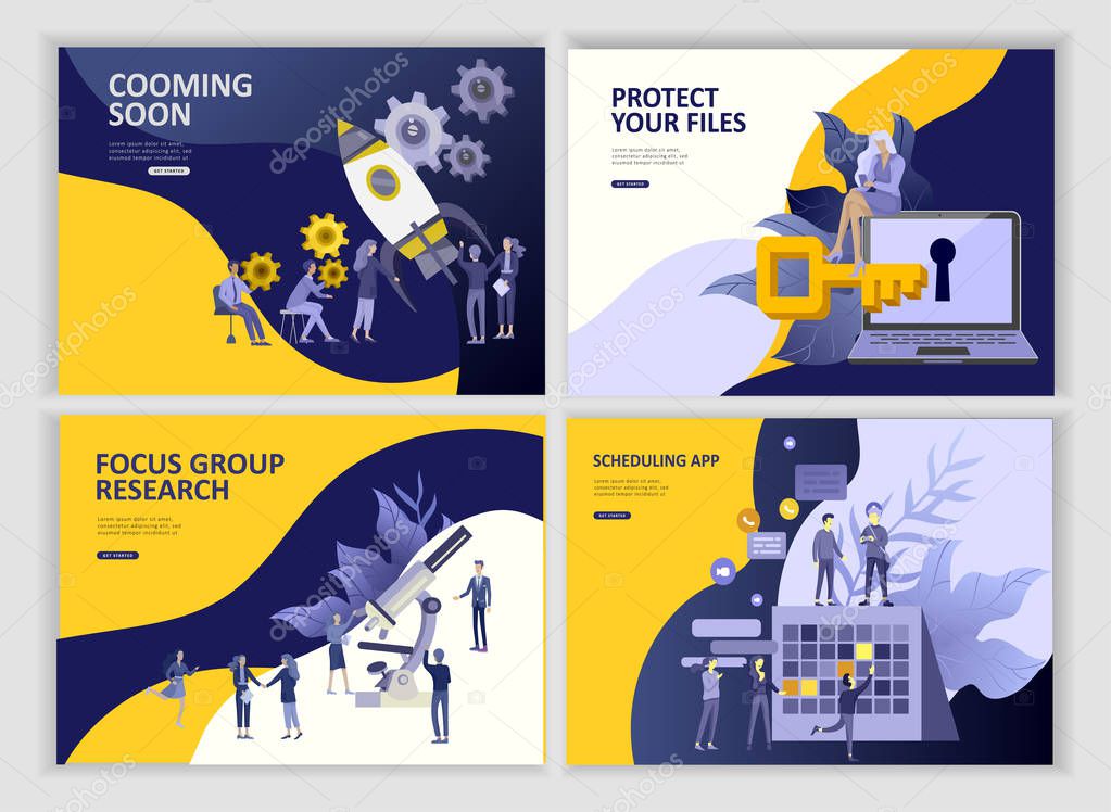 Set Landing page template people businesss cheduling app, file protection merger, research and development, cooming soon start up solution. Vector illustration concept