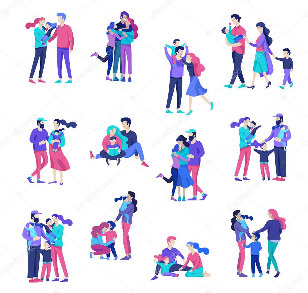 Family spend time together, happy parents with children. Vector people character