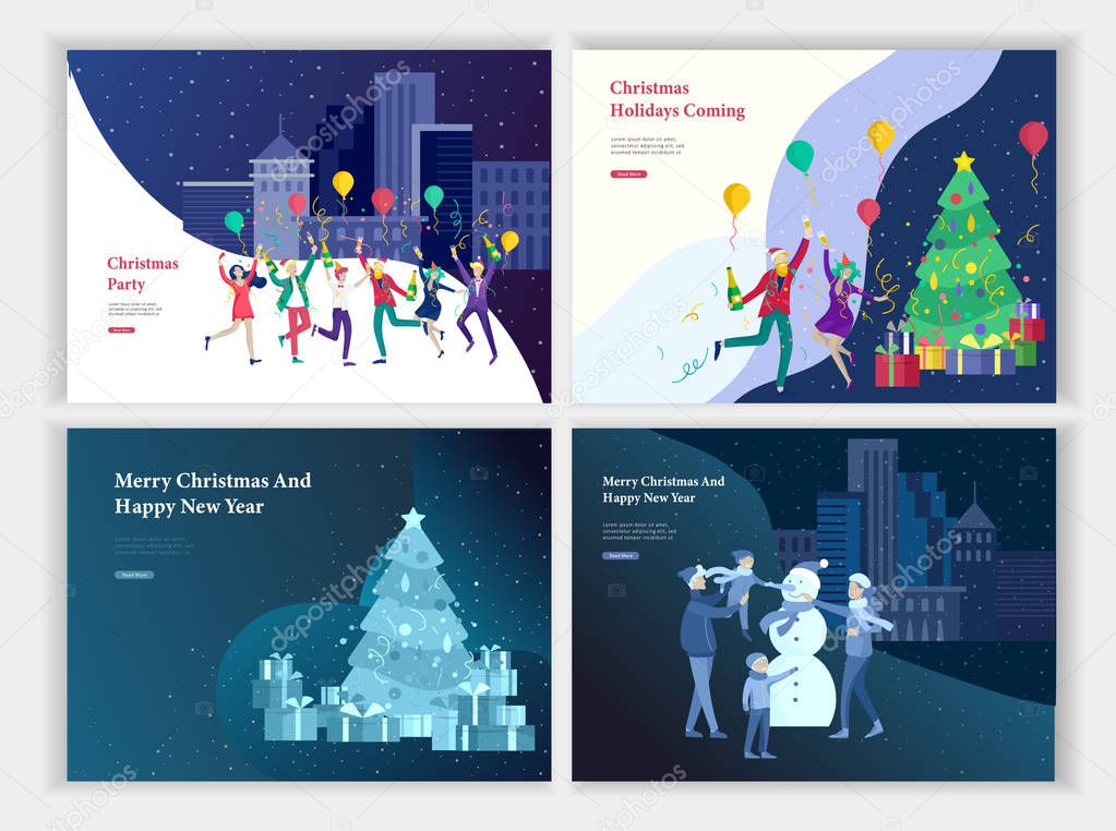 Set of Landing page template or greeting card. Friend celebrates Merry Christmas and Happy New Year. Character family buying gift, with purchases, makes snowman.