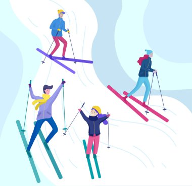 İnsanlar kış giysileri veya açık hava etkinlikleri eğlenceli gerçekleştirme dış giyim giyinmiş. Kar Festivali, halletme ve snowboard. Buz pateni, Kayak kardan adam yapma Noel aile Kayak