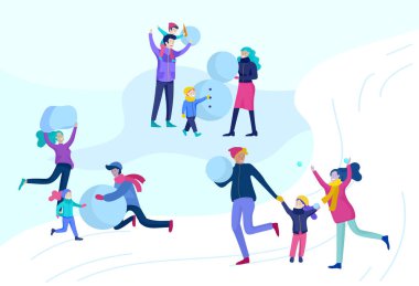 İnsanlar kış giysileri veya açık hava etkinlikleri eğlenceli gerçekleştirme dış giyim giyinmiş. Kar Festivali. Noel çift ve aile çocuklarla kardan adam, kış erkek ve kadın açık havada rahatlatıcı yapma