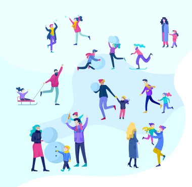 İnsanlar kış giysileri veya açık hava etkinlikleri eğlenceli gerçekleştirme dış giyim giyinmiş. Kar Festivali, halletme ve snowboard. Buz pateni, Kayak kardan adam yapma Noel aile Kayak