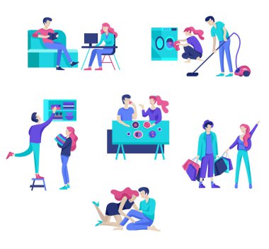 Günlük rutin sahneleri ve Genç romantik çiftin birlikte vakit geçirmek.