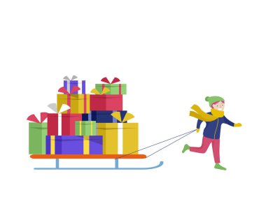 Noel ve mutlu yeni yıl web sitesi. Karakter küçük kız kızak bir sürü hediyeler ile parkta karlı manzara üzerinde sürükleyin.