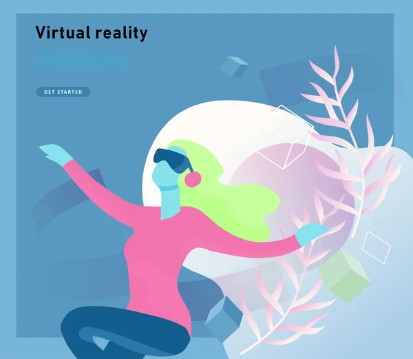 Концепция очков виртуальной дополненной реальности, в которых люди учатся и развлекаются. Шаблон страницы посадки. — стоковый вектор