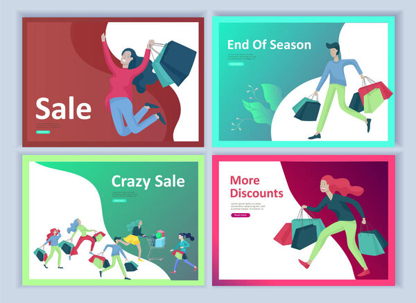 Шаблоны страниц посадки. Люди бегут на продажу, сумасшедшие скидки, в конце сезона, перевозят сумки с покупками. Безумие на сезонной распродаже в магазине. Мультфильм

