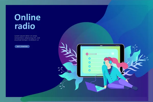 Concepto de internet transmisión de radio en línea escucha, la gente se relaja escuchar danza. Aplicaciones de música, lista de reproducción de canciones en línea, estación de radio . — Vector de stock