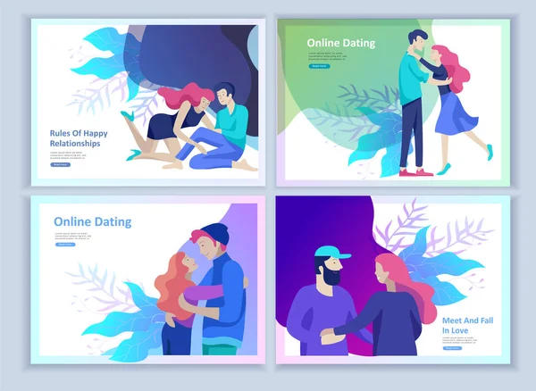 Online dating concept app loginpagina met grappige cartoon tekens paar. Moderne grafische elementen voor webbanners, webdesign, drukwerk. — Stockvector