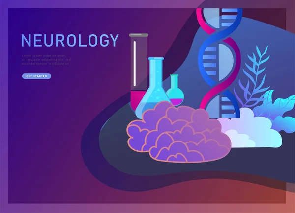 Neurologi genetik koncept. Platt stil lite folk läkare medicinska team arbetar, konstruera Dna, forska deoxiribonukleinsyra. Hjärnan, kreativt sinne — Stock vektor