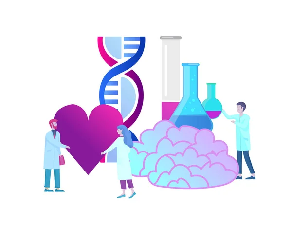 Concetto di genetica neurologica. Stile piatto poco persone medici team di lavoro medico, la costruzione di DNA, la ricerca di acido desossiribonucleico. Cervello, mente creativa — Vettoriale Stock