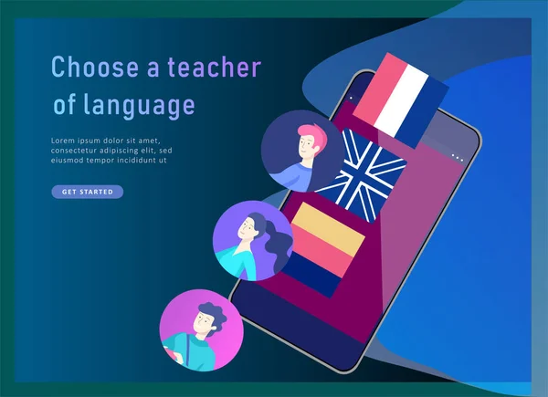 Modelos de landing page para cursos de idiomas online, educação a distância, treinamento. Interface de Aprendizagem de Línguas e Conceito de Ensino . —  Vetores de Stock