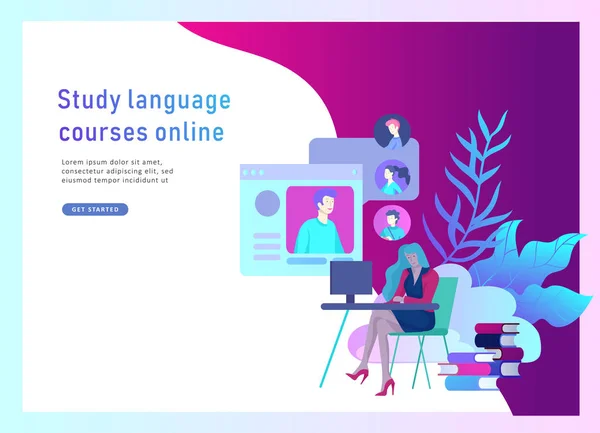 Modelos de landing page para cursos de idiomas online, educação a distância, treinamento. Interface de Aprendizagem de Línguas e Conceito de Ensino . — Vetor de Stock