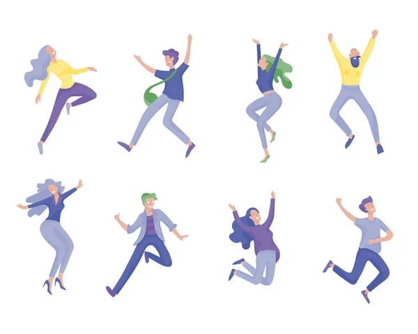 Jumping character in various poses. Group of young joyful laughing people jumping with raised hands. Happy positive young men and women — Stock Vector