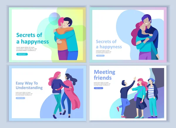 Set of Landing page templates for positive psychology, group family psychotherapy. Happy friends character have positive emotions, way to happiness