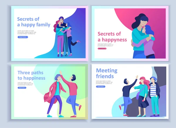 Set of Landing page templates for positive psychology, group family psychotherapy. Happy friends character have positive emotions, way to happiness