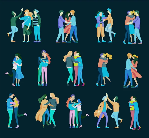 Personnages vectoriels. Amis et couple embrasser, marcher et passer du temps tythe — Image vectorielle