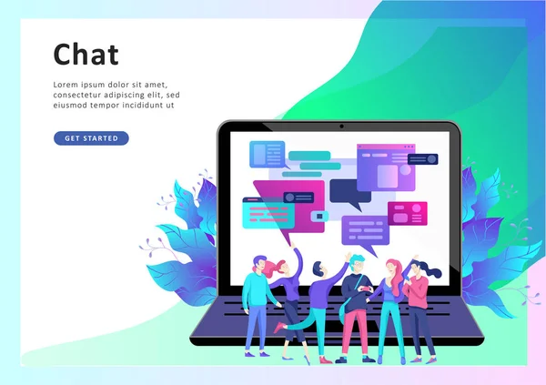 Concept Landing page template, flat style, empresários discutir rede social, notícias, redes sociais — Vetor de Stock