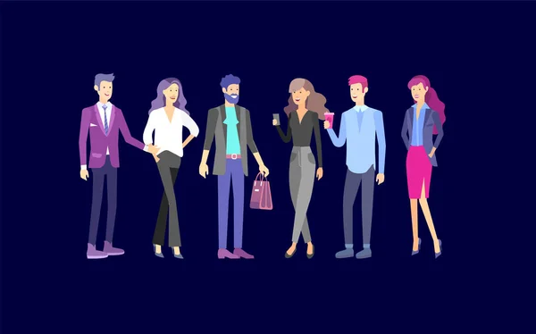 자세한 캐릭터 사업 남자와 여자, 일 하는 사람들 비즈니스 팀 라이프 스타일, 세련 된 옷 스타일입니다. 가제트, 배낭과 책, 팀워크 개념 있는 사람들. — 스톡 벡터
