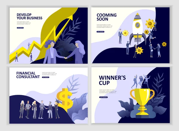 Set Landing page prompt people development, business app, winners cup, financial consulting research, cooming soon start and solution — стоковый вектор