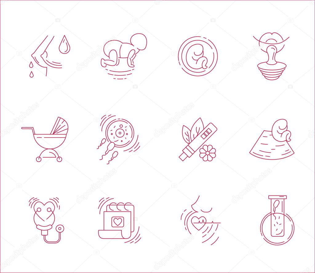 Vector icon and logo for pegnancy and gynecology. Editable outline stroke size. Line flat contour, thin and linear design for adoption and babysitter. Simple icons. Concept illustration. Sign, symbol