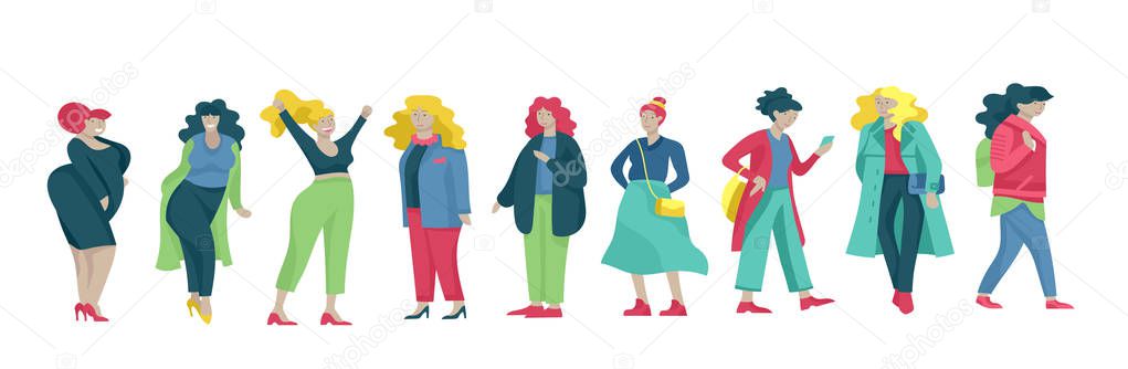 Plus size women dressed in stylish clothing. Set of curvy girls wearing trendy clothes. Happy characters. Bodypositive concept illustration