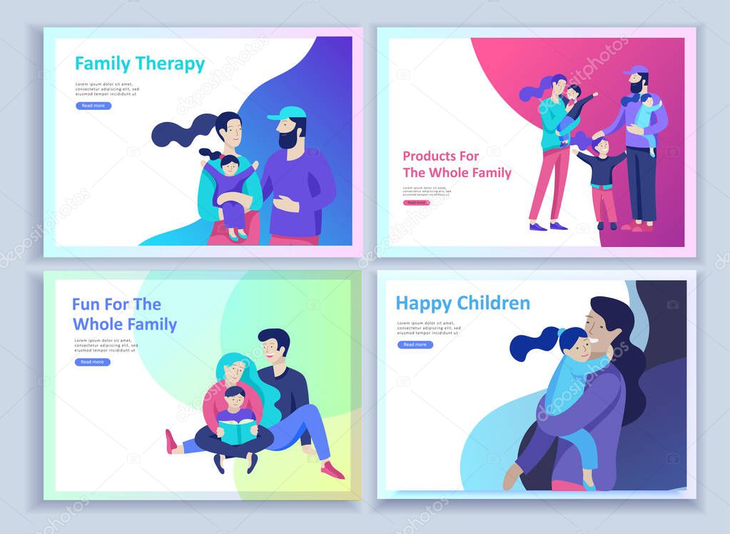 Set of Landing page templates happy family, travel and psychotherapy, family health care, goods entertainment for mother father and their children. Parents with daughter and son have fun togethers