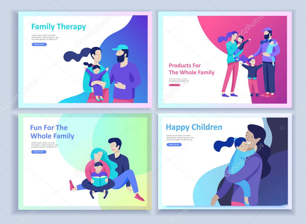 Set of Landing page templates happy family, travel and psychotherapy, family health care, goods entertainment for mother father and their children. Parents with daughter and son have fun