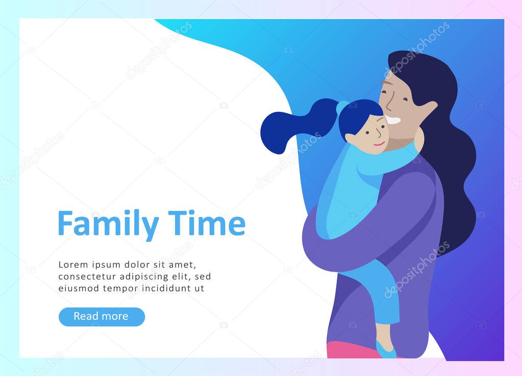 Landing page templates happy family, travel and psychotherapy, family health care, goods entertainment for mother father and their children. Parents with daughter and son have fun