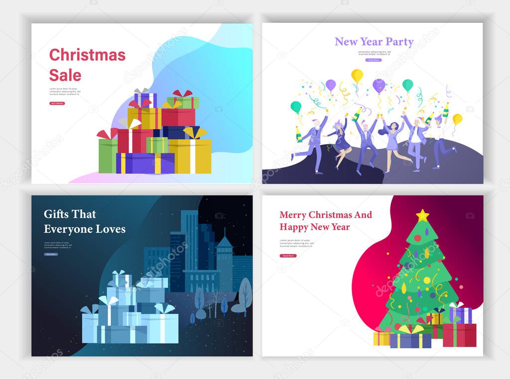 Set of landing page or greeting card templates. A friend or colleagues celebrates Merry Christmas, Happy New Year corporate party, Happy family decorating the Christmas tree