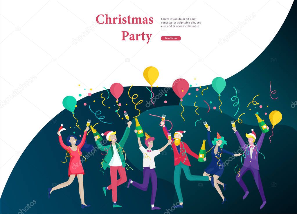 Landing page template or card winter Holidays corporate Party. Merry Christmas and Happy New Year with People Characters. Company of young friends or colleagues celebrates