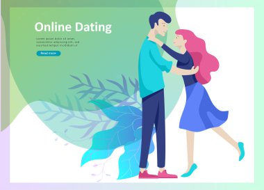 Online arkadaşlık kavramı app giriş sayfası komik karikatür karakterler çift. Modern grafik öğeleri web afiş, web tasarım, basılı malzemeler için.