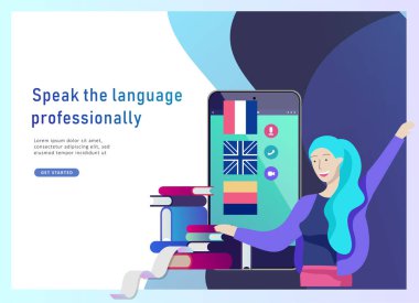 Online dil kursları, uzaktan eğitim, eğitim için açılış sayfası şablonları. Dil arabirimi öğrenme ve kavram öğretim.