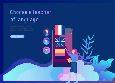 Online dil kursları, uzaktan eğitim, eğitim için açılış sayfası şablonları. Dil arabirimi öğrenme ve kavram öğretim.
