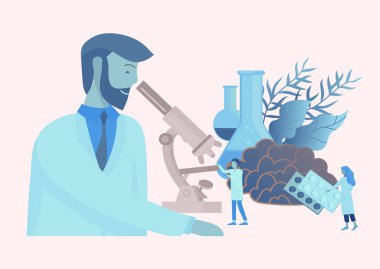 Nöroloji genetik kavramı. Düz stil küçük insanlar doktorların tıbbi takım çalışma, Dna oluşturmak yoluyla, Deoksiribonükleik asit araştırma. Beyin, yaratıcı zihin