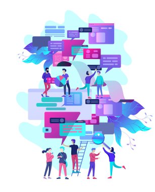 Açılış sayfası şablonu, düz stil, işadamları kavramı tartışmak sosyal ağ, Haberler, sosyal ağlar