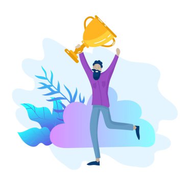 İş takım başarı tutun altın kazanan Kupası, insanlar kavramı ile zafer mutlu. Ofis çalışanları ile büyük kupa kutlama