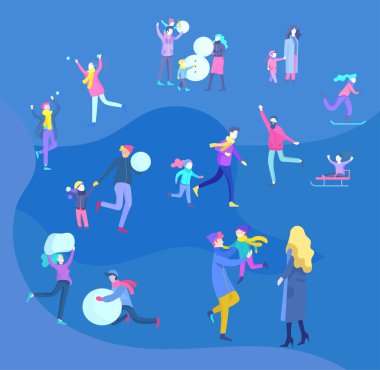 Babası onun çocukları ile açık hava etkinlikleri eğlenceli gerçekleştirme dış giyim giyinmiş. Kar Festivali, halletme ve snowboard. Pateni, kardan adam yapma Noel aile kayak kayak kış