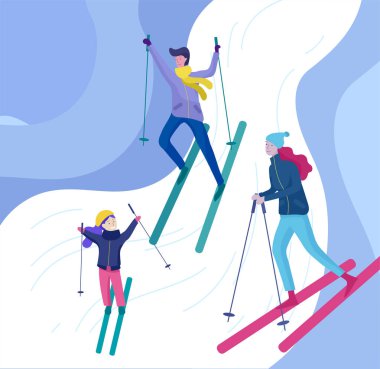 İnsanlar kış giysileri veya açık hava etkinlikleri eğlenceli gerçekleştirme dış giyim giyinmiş. Kar Festivali, halletme ve snowboard. Buz pateni, Kayak kardan adam yapma Noel aile Kayak