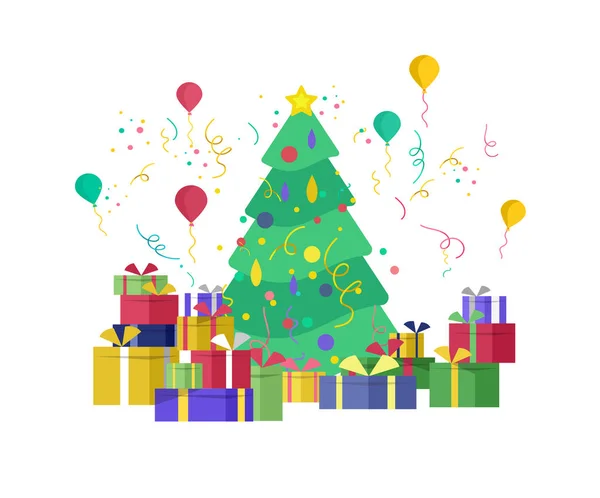 Modelo cartão de saudação inverno Férias. Feliz Natal e Feliz Ano Novo Site com árvore de Natal e presente — Vetor de Stock