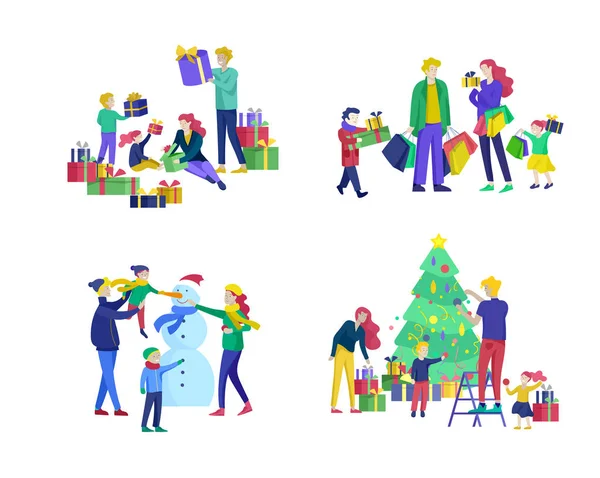 Cartão de saudação Férias de inverno. Feliz Natal e Feliz Ano Novo Site. Pessoas Personagens família com presente decoração árvore de Natal no fundo do interior —  Vetores de Stock