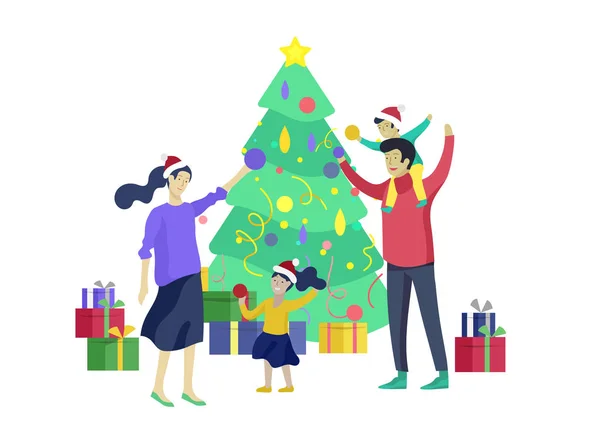 贺卡冬季假期。圣诞快乐, 新年快乐网站。人物家族与目前装饰圣诞树的背景下的内部 — 图库矢量图片