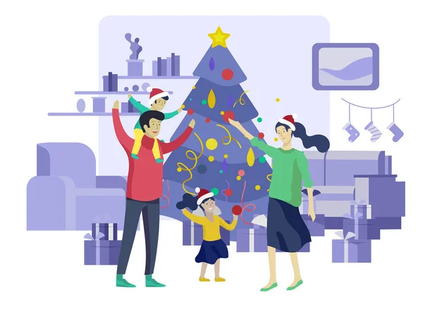 Tarjeta de felicitación vacaciones de invierno. Feliz Navidad y Feliz Año Nuevo sitio web. Personajes de la familia con presente decorando el árbol de Navidad en el fondo del interior — Archivo Imágenes Vectoriales