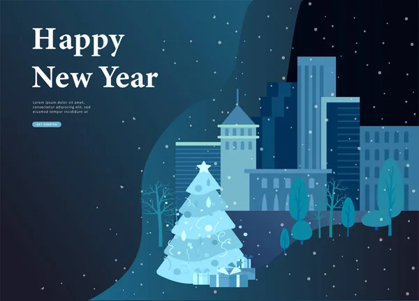 Weihnachten und ein glückliches neues Jahr Website mit Weihnachtsbaum und Geschenk auf dem Hintergrund städtischen Winter schneebedeckten Park — Stockvektor